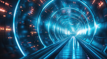 Futuristic digital technology background with a glowing circular tunnel.