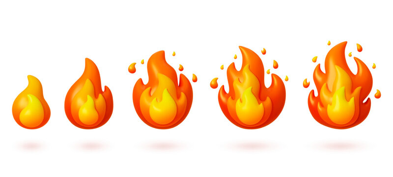 3d fire flames. Fires flares up step by step. Gas power symbols, lights campfire icons different size. Isolated render cartoon pithy vector elements