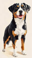 An Entlebucher Mountain Dog is depicted in a playful stance, with its tail wagging energetically
