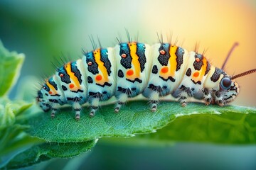 Fototapeta premium A Close-Up of a Colorful Caterpillar on a Green Leaf