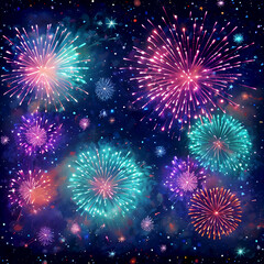 Fototapeta premium Colorful fireworks in shades of pink, blue, teal, violet, turquoise, and orange on a midnight blue background.
