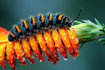 Obraz premium Colorful Caterpillar on a Dew-Covered Flower