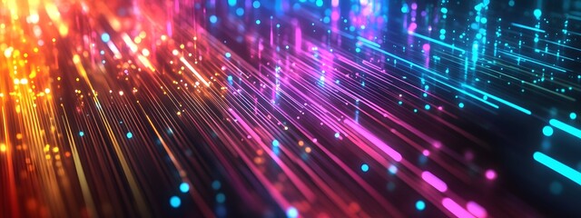 Fototapeta premium Abstract digital background with colorful glowing lines and futuristic elements, representing technology in a data center or internet network concept