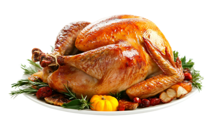 Full plate of Thanksgiving Roast Turkey in white background, PNG, No background.