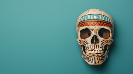 Fototapeta premium Colorful Skull with Tribal Patterns on a Teal Background