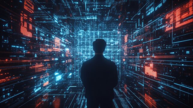 A cybersecurity expert analyzes glowing encrypted codes in a virtual data space filled with firewalls and digital barriers. Generative AI