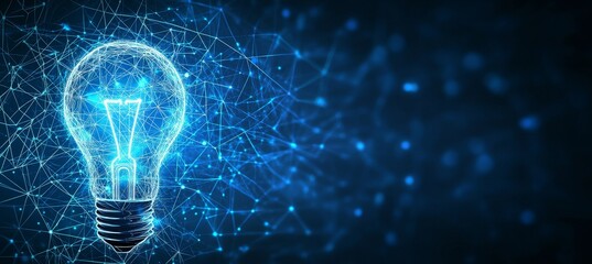 Glowing light bulb with network connection on dark blue background, innovation and AI concept