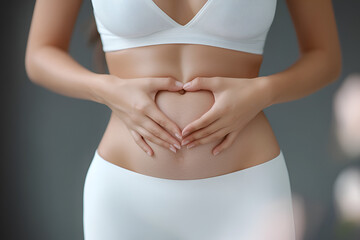 probiotics and prebiotics with microbiome concept. woman forms heart shape over belly.
