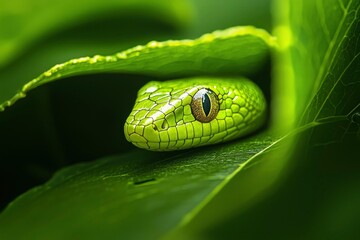 Fototapeta premium Close-up of a Green Snake's Head Hidden in Lush Foliage