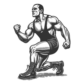 recommend clip art: strong wrestler in a kneeling power pose, muscular physique and intense focus sketch engraving generative ai fictional character raster illustration. Scratch board imitation. Black and white image.
