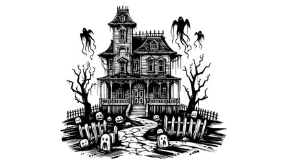Naklejka premium Halloween landscape, haunted house, dead tree, ghost