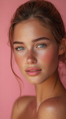 Fototapeta premium 30 year skincare model, she has a joyful look on her face, pink back drop above the shoulder portrait