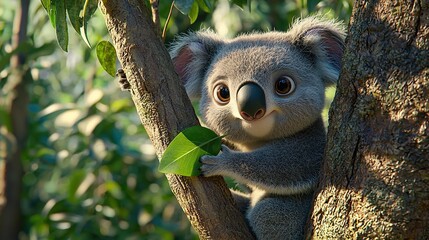 Obraz premium Koala Close-Up on Tree with Leaf in Mouth - A bush appears behind the tree, but is out of focus