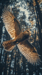 Fototapeta premium illuminated owl hyperion flying through forest