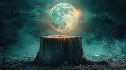 Fototapeta premium Tree stump podium against a backdrop of a spooky Halloween night, with bats flying in front of a full moon.