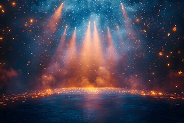 A dramatic empty scene featuring colorful lights and smoke effects, creating an atmospheric ambiance reminiscent of a concert or performance.