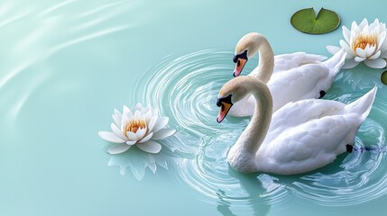 Obraz premium Two elegant swans gliding gracefully on tranquil waters surrounded by beautiful water lilies.