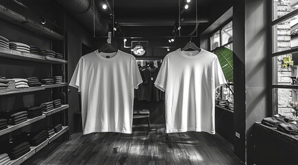 Naklejka premium A clothing store featuring black and white plain t-shirt, contemporary aesthetic.
