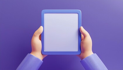 A person holding a blank tablet against a purple background, showcasing a minimalist design and modern technology.