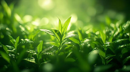 Obraz premium Green Leaves with Dew Drops - Nature Background Illustration