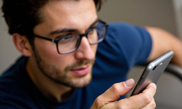 dark haired man with glasses talking on speakerphone on mobile phone