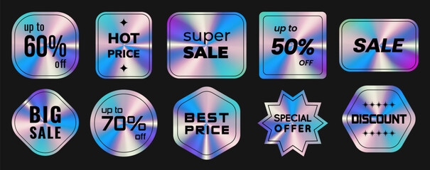 Neon holographic sticker templates, label with holographic effect. Shiny rainbow emblems Sale, up to 50 off, 40 , 60 , 70 , Discount, best price, special offer. Isolated Vector Illustration