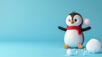 A cartoon penguin with a red scarf and Santa hat standing on a blue background.