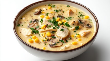 Creamy Chicken Soup With Mushrooms and Corn in a White Bowl Garnished With Parsley