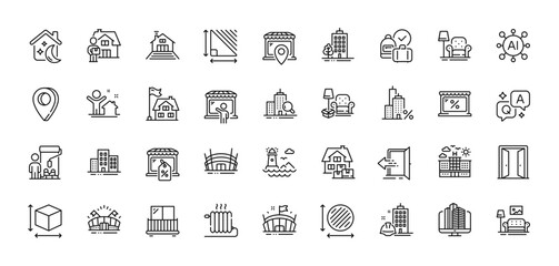 Triangle area, Lighthouse and Buildings line icons pack. AI, Question and Answer, Map pin icons. Market location, Construction building, Entrance web icon. Vector