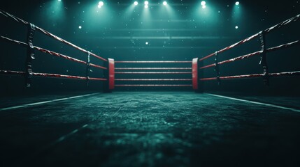 Empty boxing ring illuminated by spotlights, with the red ropes and canvas floor creating dramatic and suspenseful atmosphere.