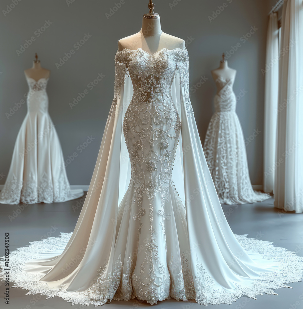 Wall mural a mermaid cape wedding dress with beaded accents, and a train in white satin fabric on an elegant ma