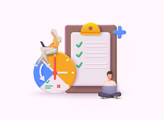 Time management concept planning, organization, working time. Time control plan technology. 3D Web Vector Illustrations.