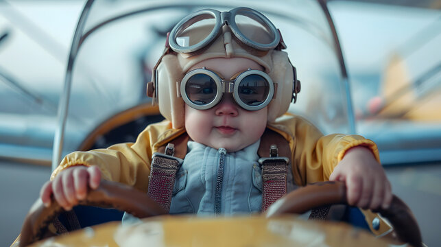 A cute baby pilot ready to fly an airplane. A smiling child in a pilot getup.
