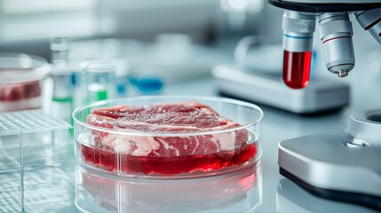 Microscopic Examination of Raw Meat Sample in Petri Dish, showcasing cellular structure and texture for scientific analysis