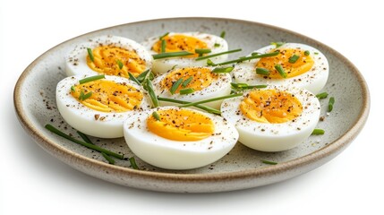 Deliciously Prepared Halved Hard-Boiled Eggs Garnished With Chives and Spices on a Ceramic Plate