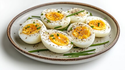 Deliciously Prepared Hard-Boiled Eggs Garnished With Herbs, Served on a White Plate