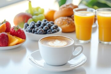 Fresh Tasty Cup Of Coffee Is Lying Near Sweets Buns And Orange Juice On White Table With Delicious Fruits, Neatly Arranged Breakfast On The Table Are Coffee Cups, Sweet Buns And Juice - generative ai