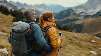 Fototapeta premium Loving mid aged couple with a backapacks hiking on the hills together 