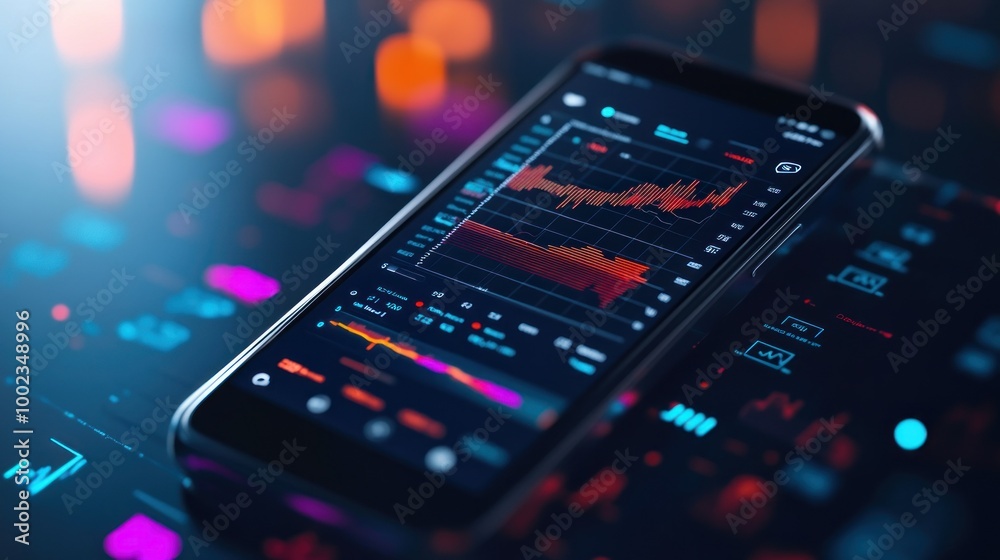 Poster Smartphone Displaying Stock Market Data with a Red Line Graph