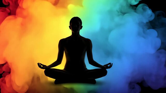 A person is sitting in a lotus position with colorful smoke surrounding them. The smoke is in different colors and it looks like a rainbow. The person appears to be in a meditative state
