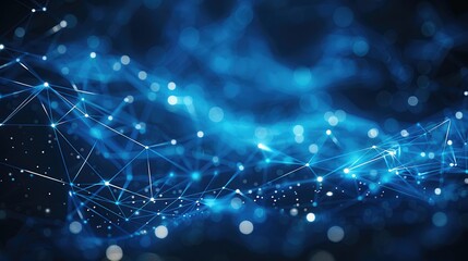 An abstract digital network with glowing blue lines and dots on a dark background. The lines form a geometric web-like pattern connecting multiple bright node, digital communication and data exchange.
