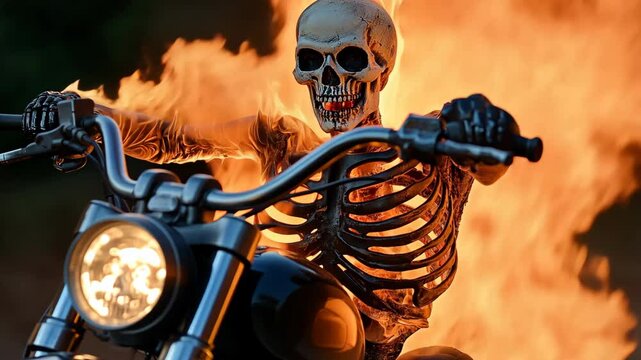A skeleton is riding a motorcycle with flames coming out of the back. The image has a spooky and intense mood, with the skeleton appearing to be in control of the flames