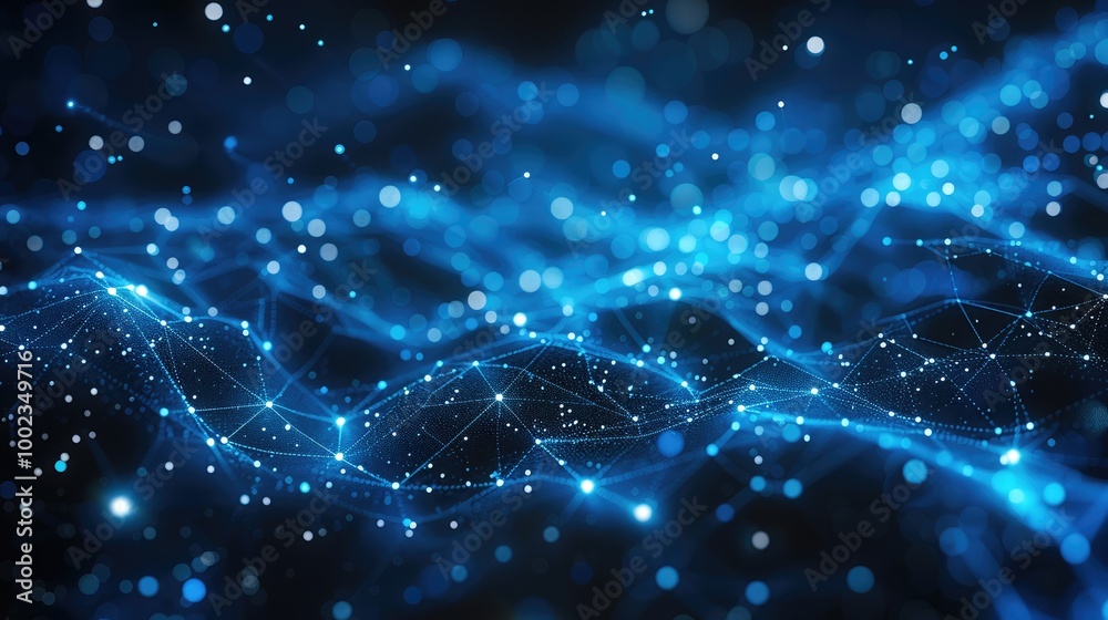 Poster An abstract digital network with glowing blue lines and dots on a dark background. The lines form a geometric web-like pattern connecting multiple bright node, digital communication and data exchange.