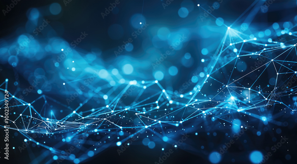 Aufkleber An abstract digital network with glowing blue lines and dots on a dark background. The lines form a geometric web-like pattern connecting multiple bright node, digital communication and data exchange.