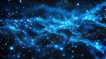 An abstract digital network with glowing blue lines and dots on a dark background. The lines form a geometric web-like pattern connecting multiple bright node, digital communication and data exchange.