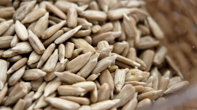Peeled nutritious raw sunflower kernels in glass container. Macro shot. Rotation