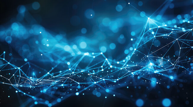 An abstract digital network with glowing blue lines and dots on a dark background. The lines form a geometric web-like pattern connecting multiple bright node, digital communication and data exchange.
