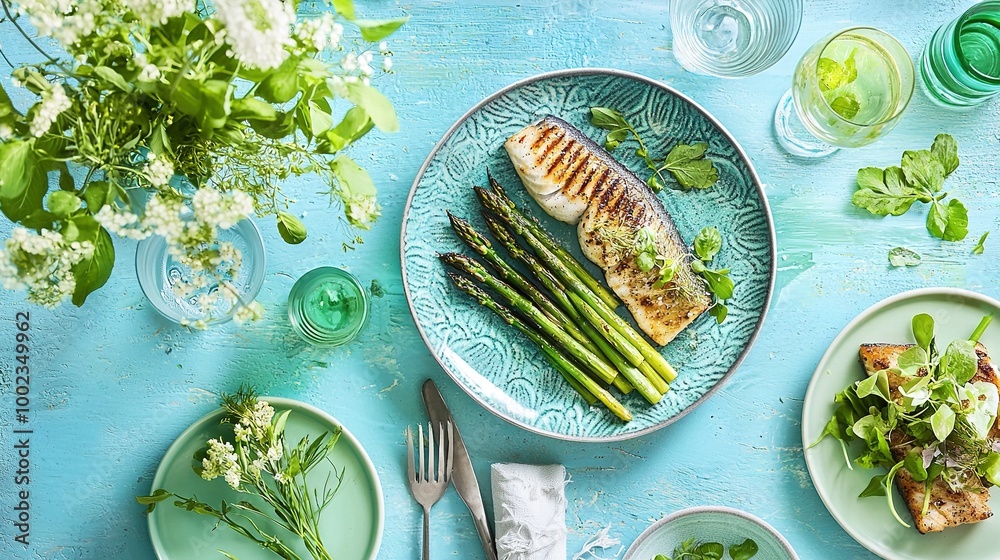 Sticker   Grilled Fish Plate with Asparagus, Asparagus, and Asparagus Sprouts