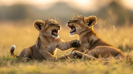 Young Lion Cubs Playfully Interacting, Exploring Their Environment and Developing Social Bonds Through Gentle Play. Generative AI