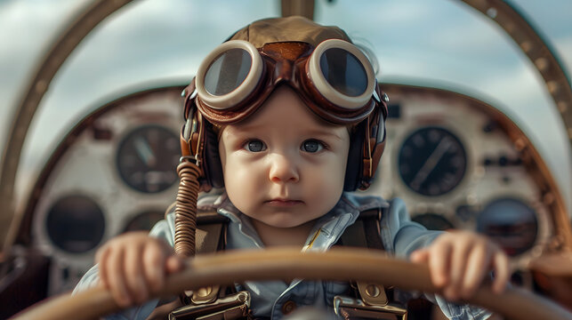 A cute baby pilot ready to fly an airplane. A smiling child in a pilot getup.